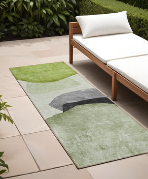 Homeroots 8' Runner Green Black And Gray Abstract Washable Non Skid Indoor Outdoor Runner Rug Green Polyester 562192