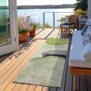 Homeroots 8' Runner Green Black And Gray Abstract Washable Non Skid Indoor Outdoor Runner Rug Green Polyester 562192