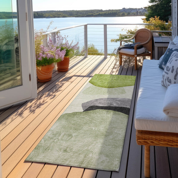 Homeroots 8' Runner Green Black And Gray Abstract Washable Non Skid Indoor Outdoor Runner Rug Green Polyester 562192