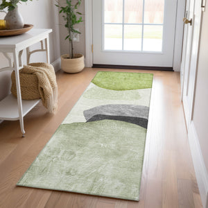 Homeroots 8' Runner Green Black And Gray Abstract Washable Non Skid Indoor Outdoor Runner Rug Green Polyester 562192