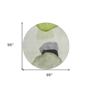 Homeroots 8' Round Green Black And Gray Round Abstract Washable Non Skid Indoor Outdoor Area Rug Green Polyester 562196