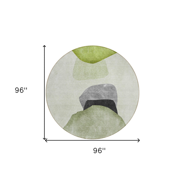 Homeroots 8' Round Green Black And Gray Round Abstract Washable Non Skid Indoor Outdoor Area Rug Green Polyester 562196