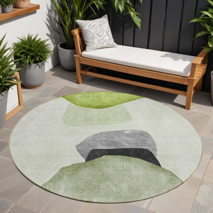 Homeroots 8' Round Green Black And Gray Round Abstract Washable Non Skid Indoor Outdoor Area Rug Green Polyester 562196