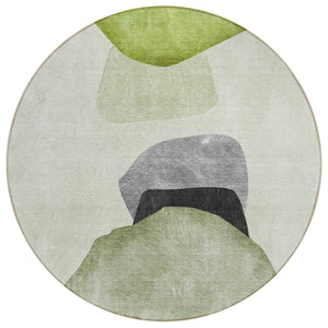 Homeroots 8' Round Green Black And Gray Round Abstract Washable Non Skid Indoor Outdoor Area Rug Green Polyester 562196