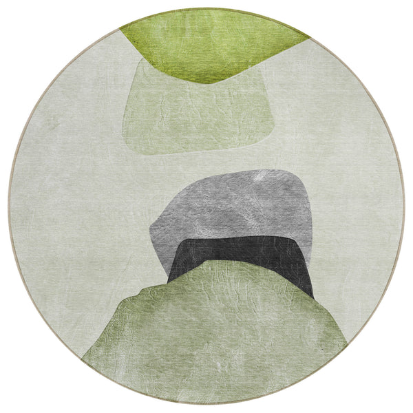 Homeroots 8' Round Green Black And Gray Round Abstract Washable Non Skid Indoor Outdoor Area Rug Green Polyester 562196