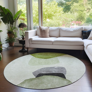 Homeroots 8' Round Green Black And Gray Round Abstract Washable Non Skid Indoor Outdoor Area Rug Green Polyester 562196