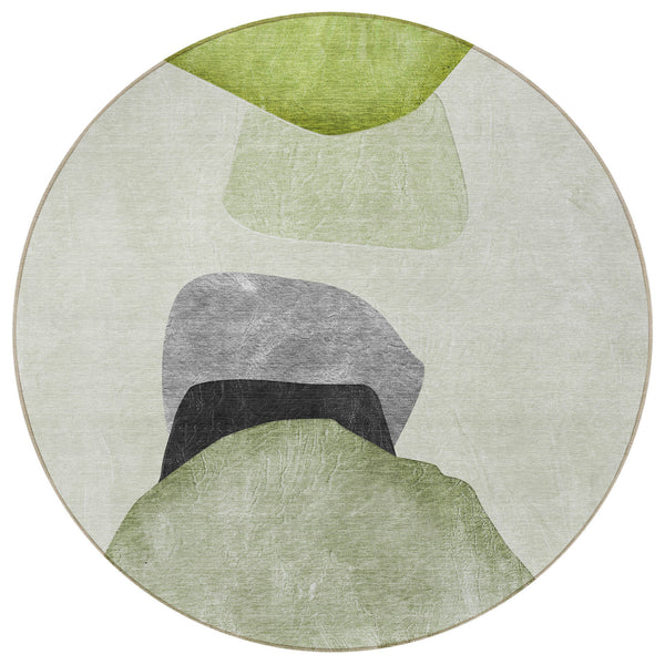 Homeroots 8' Round Green Black And Gray Round Abstract Washable Non Skid Indoor Outdoor Area Rug Green Polyester 562196