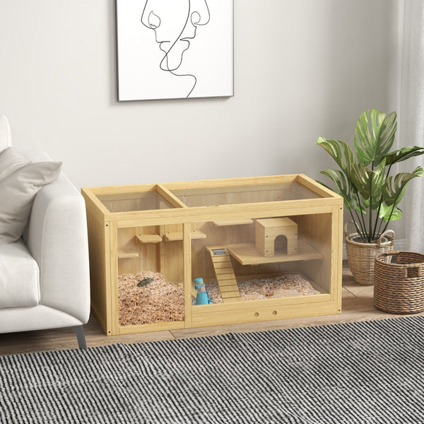 English Elm Pawhut Fir Wood Hamster Habitat Two Level Gerbil Enclosure with Ladder and Seesaw W2225P173819