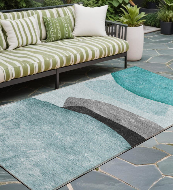 Homeroots 8' Runner Ivory Teal And Gray Abstract Washable Non Skid Indoor Outdoor Runner Rug Teal Polyester 562201