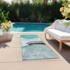 Homeroots 8' Runner Ivory Teal And Gray Abstract Washable Non Skid Indoor Outdoor Runner Rug Teal Polyester 562201