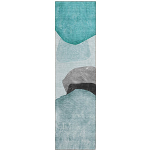 Homeroots 8' Runner Ivory Teal And Gray Abstract Washable Non Skid Indoor Outdoor Runner Rug Teal Polyester 562201