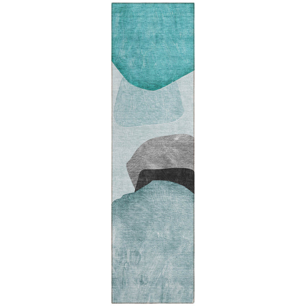 Homeroots 8' Runner Ivory Teal And Gray Abstract Washable Non Skid Indoor Outdoor Runner Rug Teal Polyester 562201