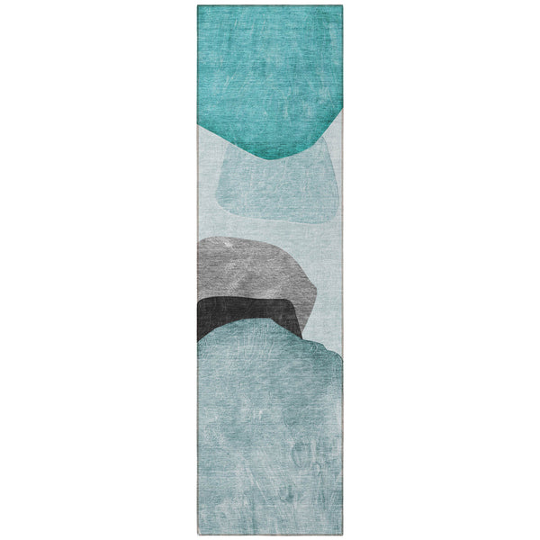 Homeroots 8' Runner Ivory Teal And Gray Abstract Washable Non Skid Indoor Outdoor Runner Rug Teal Polyester 562201
