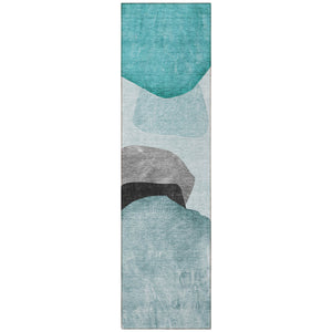 Homeroots 8' Runner Ivory Teal And Gray Abstract Washable Non Skid Indoor Outdoor Runner Rug Teal Polyester 562201