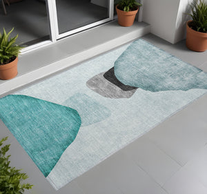 Homeroots 3' X 5' Ivory Teal And Gray Abstract Washable Non Skid Indoor Outdoor Area Rug Teal Polyester 562203