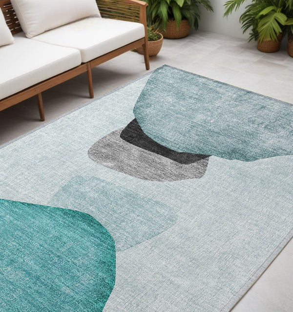 Homeroots 5' X 8' Ivory Teal And Gray Abstract Washable Non Skid Indoor Outdoor Area Rug Teal Polyester 562204