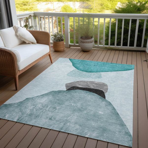Homeroots 5' X 8' Ivory Teal And Gray Abstract Washable Non Skid Indoor Outdoor Area Rug Teal Polyester 562204