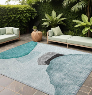 Homeroots 9' X 12' Ivory Teal And Gray Abstract Washable Non Skid Indoor Outdoor Area Rug Teal Polyester 562207
