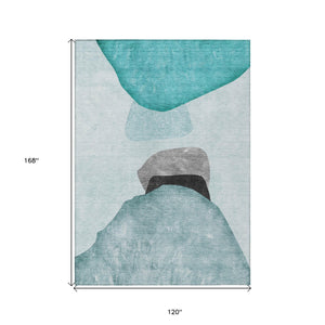 Homeroots 10' X 14' Ivory Teal And Gray Abstract Washable Non Skid Indoor Outdoor Area Rug Teal Polyester 562208