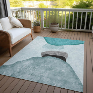 Homeroots 10' X 14' Ivory Teal And Gray Abstract Washable Non Skid Indoor Outdoor Area Rug Teal Polyester 562208
