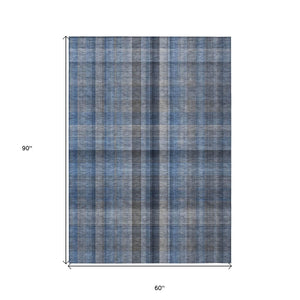HomeRoots 5' Blue Plaid Washable Area Rug - Stylish, Non-Skid Design for Indoor and Outdoor Living Spaces 5' X 8' 562213