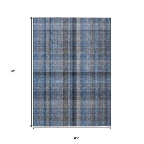 HomeRoots 5' Blue Plaid Washable Area Rug - Stylish, Non-Skid Design for Indoor and Outdoor Living Spaces 5' X 8' 562213