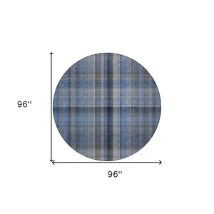 HomeRoots 5' Blue Plaid Washable Area Rug - Stylish, Non-Skid Design for Indoor and Outdoor Living Spaces 8' Round 562214
