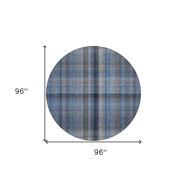 HomeRoots 5' Blue Plaid Washable Area Rug - Stylish, Non-Skid Design for Indoor and Outdoor Living Spaces 8' Round 562214