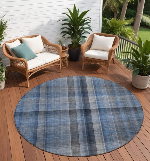 HomeRoots 5' Blue Plaid Washable Area Rug - Stylish, Non-Skid Design for Indoor and Outdoor Living Spaces 8' Round 562214