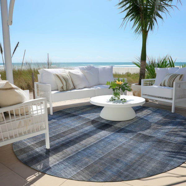 HomeRoots 5' Blue Plaid Washable Area Rug - Stylish, Non-Skid Design for Indoor and Outdoor Living Spaces 8' Round 562214