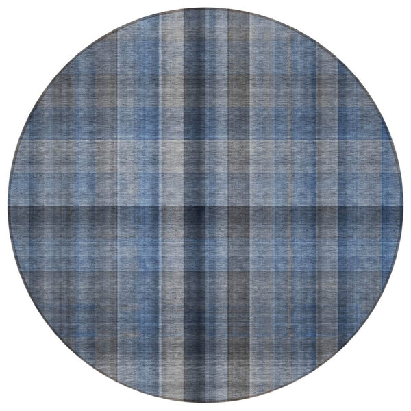 HomeRoots 5' Blue Plaid Washable Area Rug - Stylish, Non-Skid Design for Indoor and Outdoor Living Spaces 8' Round 562214