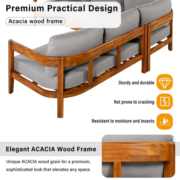 English Elm U_style Acacia Wood Outdoor L Shaped Corner Sofa Set with Arc Frame and Cushions Grey WY000481AAE