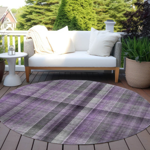 HomeRoots 5' Blue Plaid Washable Area Rug - Stylish, Non-Skid Design for Indoor and Outdoor Living Spaces 8' Round 562241