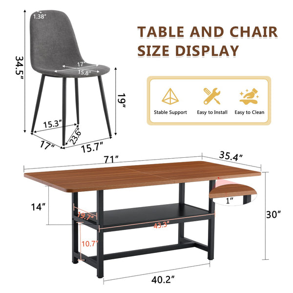 English Elm Table Set: 71" Walnut Grain Dining Table With 8 Dark Gray Linen-Cotton Chairs For Modern Homes W1151S04295-GIGA