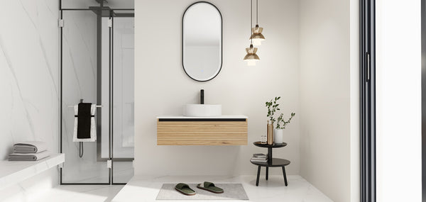 English Elm 36'' Floating Wall Mounted Vanity Plywood Cabinet with Ceramic Vessel Sink Soft Close Drawer W999S00362