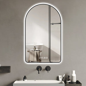 English Elm 28"x48"Arched LED Mirror with Clock & Thermometer, Anti-Fog, Dimmable 3-Color Backlight, Black Frame W2709P242512