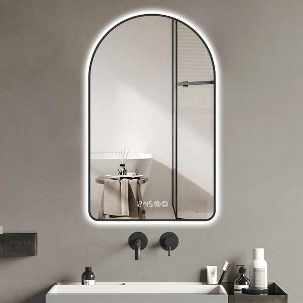 English Elm 28"x48"Arched LED Mirror with Clock & Thermometer, Anti-Fog, Dimmable 3-Color Backlight, Black Frame W2709P242512