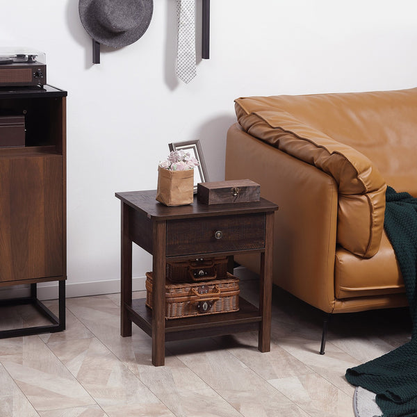 English Elm HOMCOM Farmhouse End Table with Drawer and Open Shelf for Small Spaces Sturdy MDF Accent Table Bronze W2225P249997