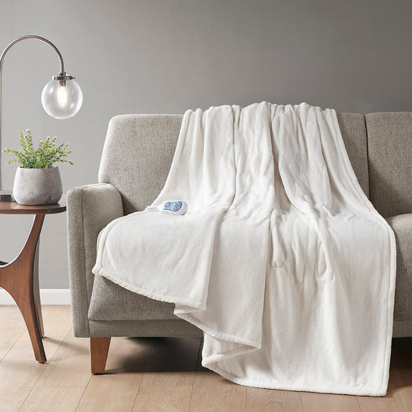 JLA Home Beautyrest - Throw Oversized Heated Plush Throw with Secure Comfort Tech, Low EMF, Machine Washable, 5-Year Warranty Ivory BR54-0531