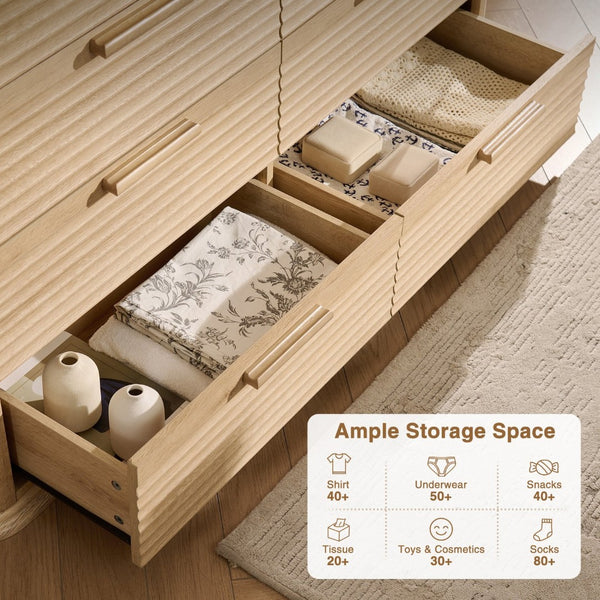 English Elm Fluted Wave Panel 7 Drawer Mdf Dresser Modern Bedroom Storage with Tv Stand Top Oak T5326P425100
