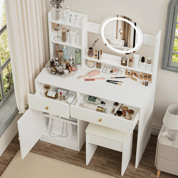 English Elm Fashion Vanity Desk With Adjustable Led Mirror & Cushioned Chair - Elegant, Organized, White Set W2699P214618