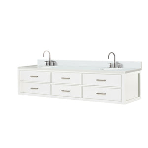 English Elm White Double Bath Vanity 84 in W x 22 in D with White Quartz Top, Chrome Gooseneck Faucets, Soft-Close Storage Bundle B2731P258169