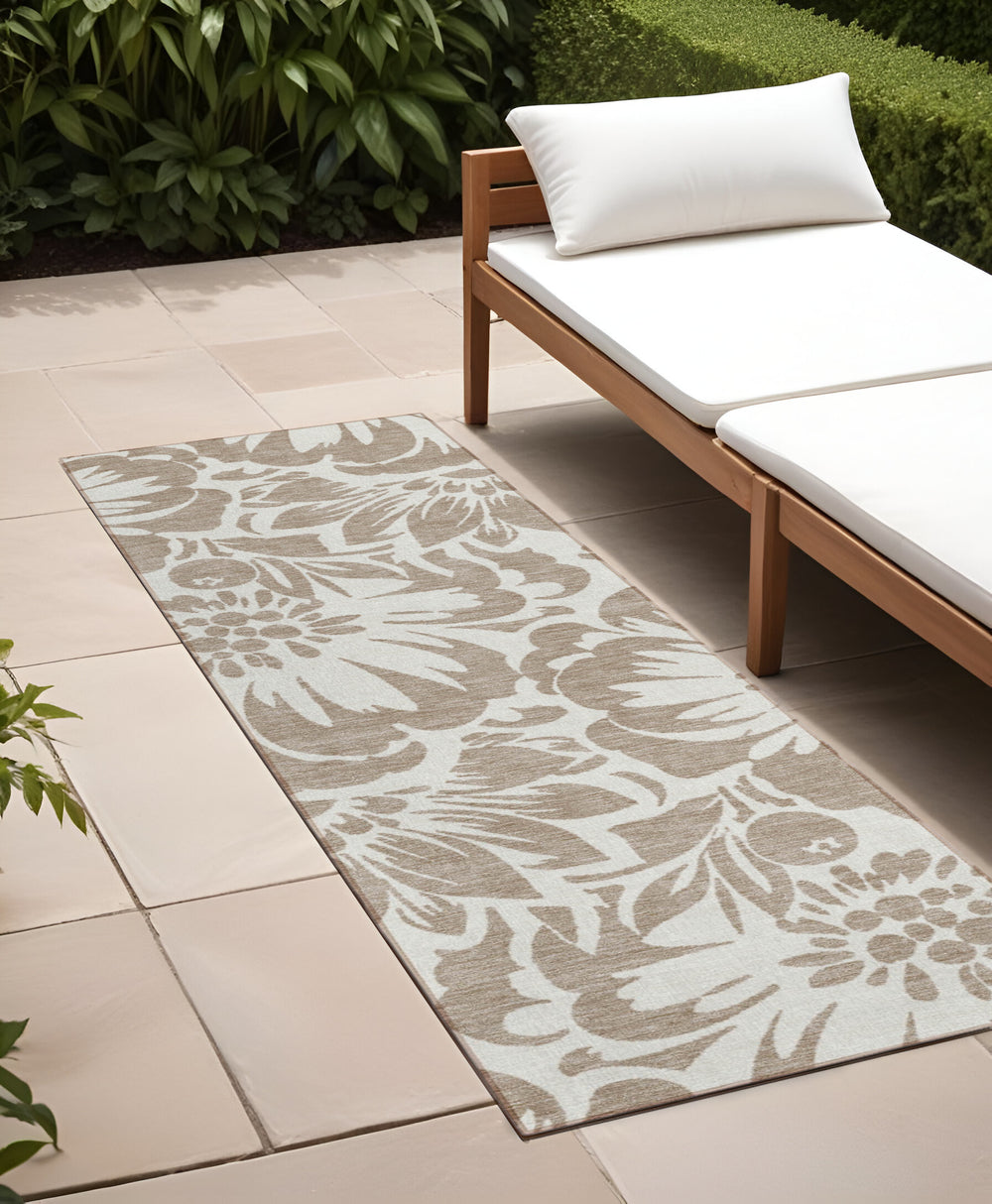 Homeroots 8' Runner Floral Washable Indoor Outdoor Rug - Stain Resistant, Non-skid, Perfect For Homes Taupe Polyester 562534