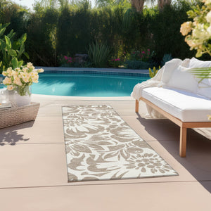Homeroots 8' Runner Floral Washable Indoor Outdoor Rug - Stain Resistant, Non-skid, Perfect For Homes Taupe Polyester 562534
