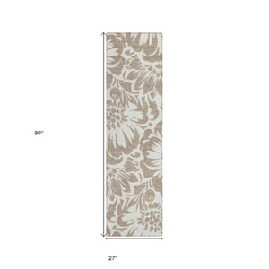 Homeroots 8' Runner Floral Washable Indoor Outdoor Rug - Stain Resistant, Non-skid, Perfect For Homes Taupe Polyester 562534