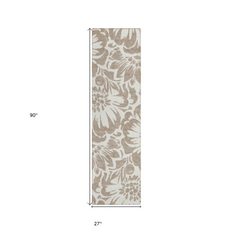 Homeroots 8' Runner Floral Washable Indoor Outdoor Rug - Stain Resistant, Non-skid, Perfect For Homes Taupe Polyester 562534