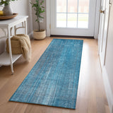 Homeroots 2' X 8' Blue Striped Washable Non Skid Indoor Outdoor Runner Rug Blue Polyester 562561