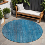 Homeroots 8' Round Blue Round Striped Washable Non Skid Indoor Outdoor Area Rug Blue Polyester 562565