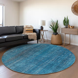 Homeroots 8' Round Blue Round Striped Washable Non Skid Indoor Outdoor Area Rug Blue Polyester 562565