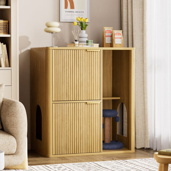 English Elm 31.5-inch Grooved Wood Cat Litter Cabinet with Integrated Tree Mid-century Pet Furniture Natural W1162P407685